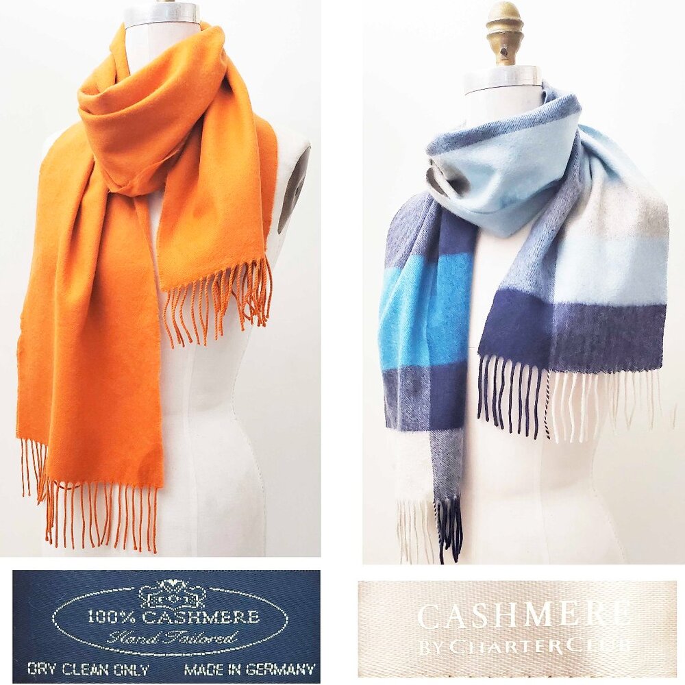 Bundle of 2 100% Cashmere Oblong Scarves Scarf Blue Colorblock and Pumpkin Spice
